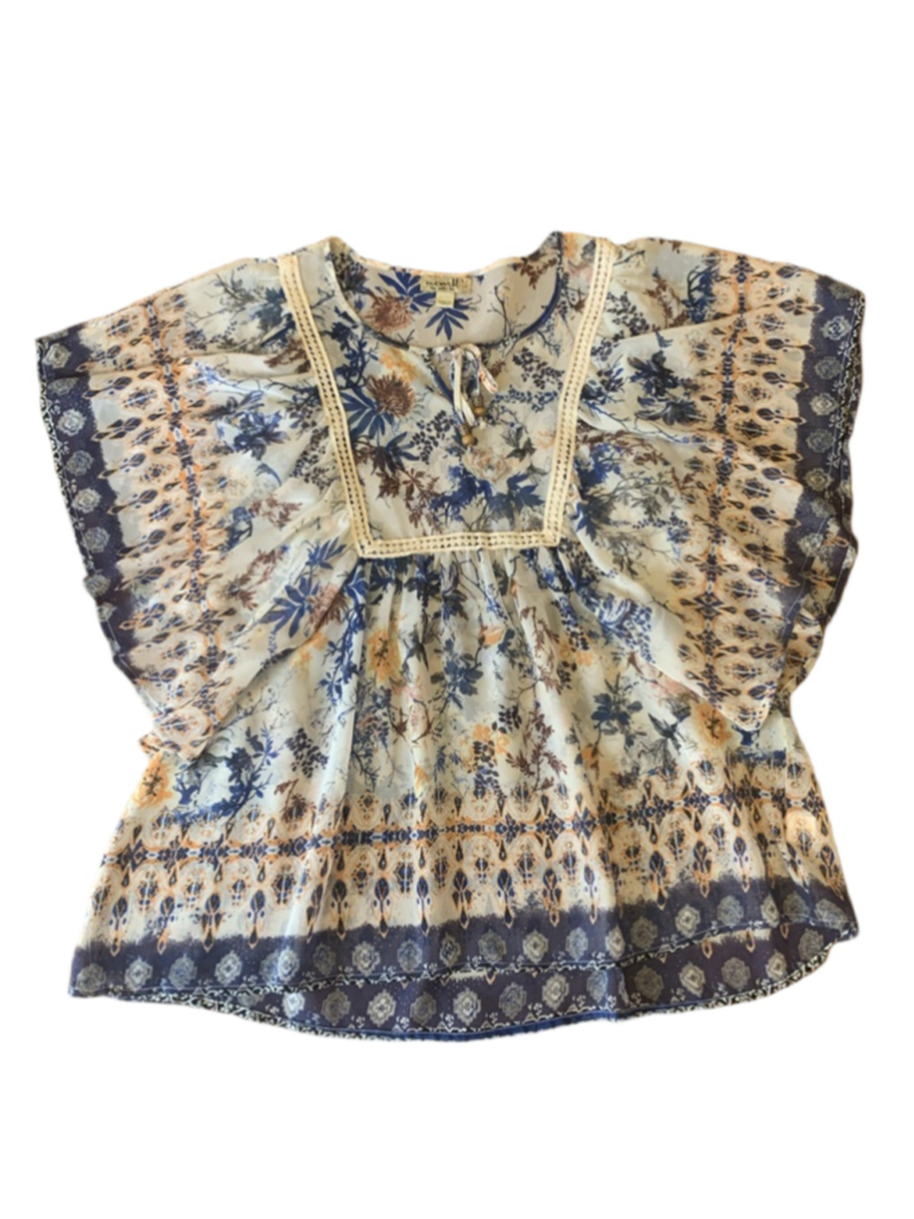 One World Top Large Beige Blue Orange Boho Style